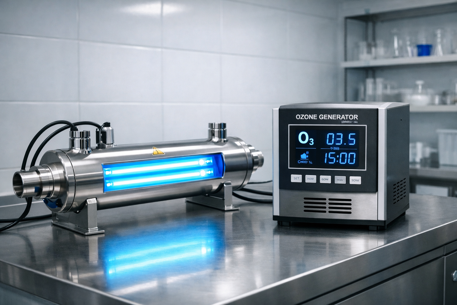 Lámpara de luz ultravioleta y generador de ozono para desinfección total en purificación de agua industrial