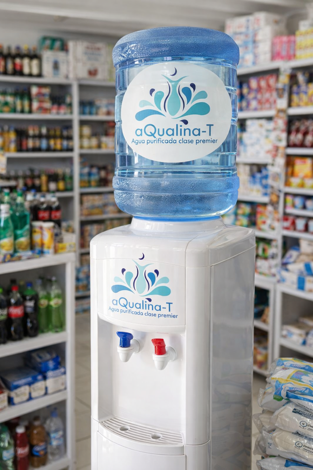 Dispensador de agua purificada Aqualina-T en tienda de abarrotes de Querétaro