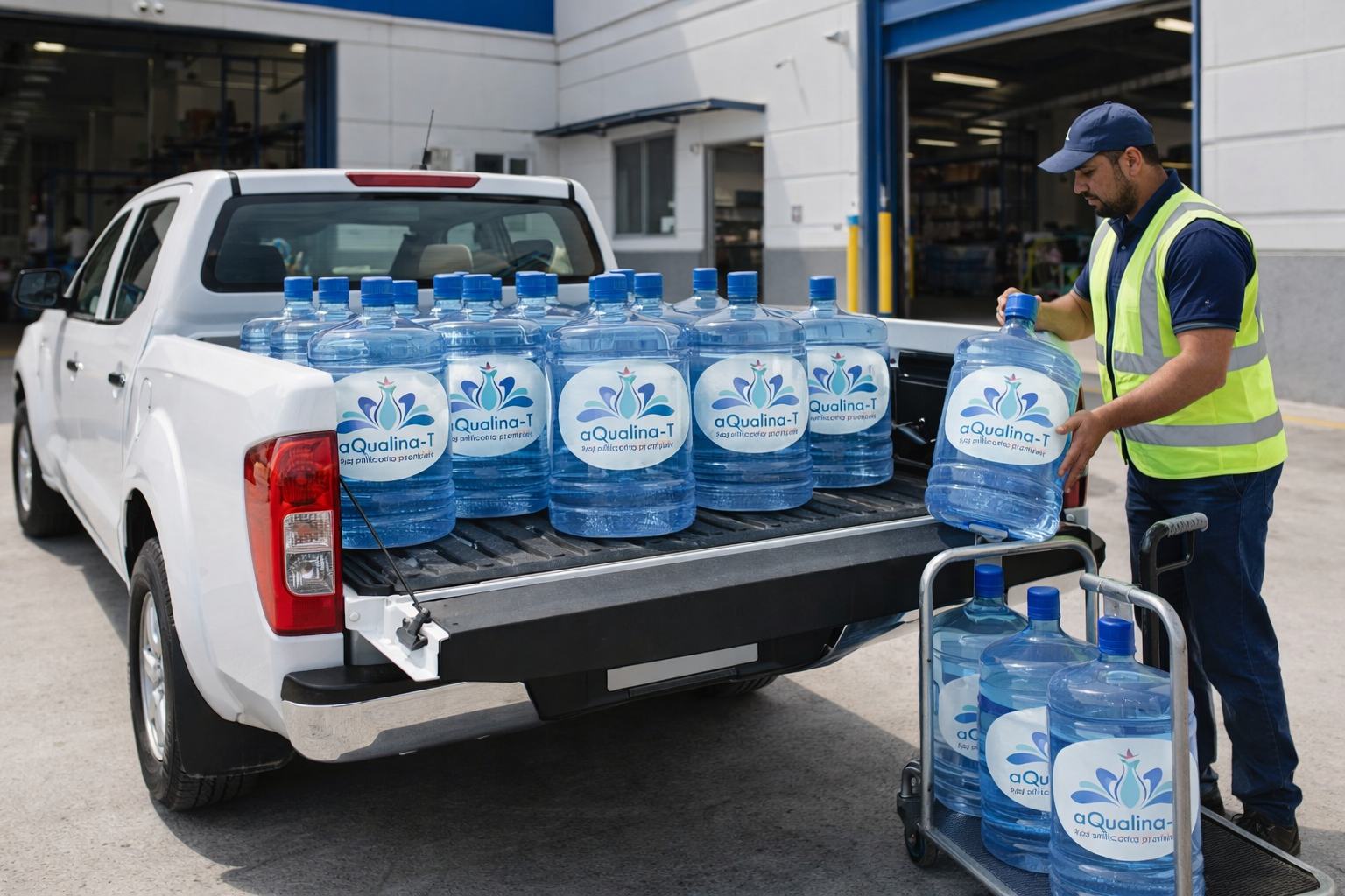 Camioneta pickup de Aqualina-T entregando garrafones de agua en planta industrial de Querétaro